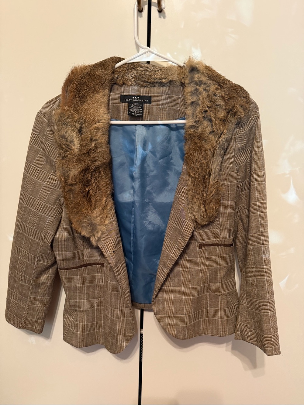 Heart Moon Star Brown Plaid Blazer with Removable Faux Fur Collar